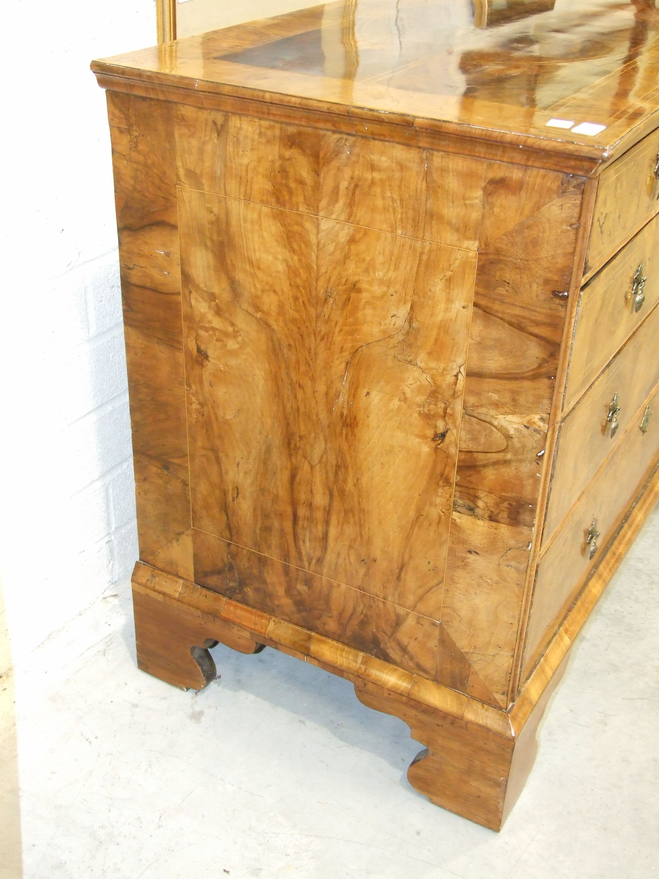 An early-18th century walnut chest, the cross-banded and quarter-veneered top above two short and - Image 3 of 6