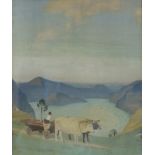 •Charles Marsh Gere RA RWS (British, 1869-1957) LAGO D'ISEO, FIGURES UNLOADING HAY FROM A CART