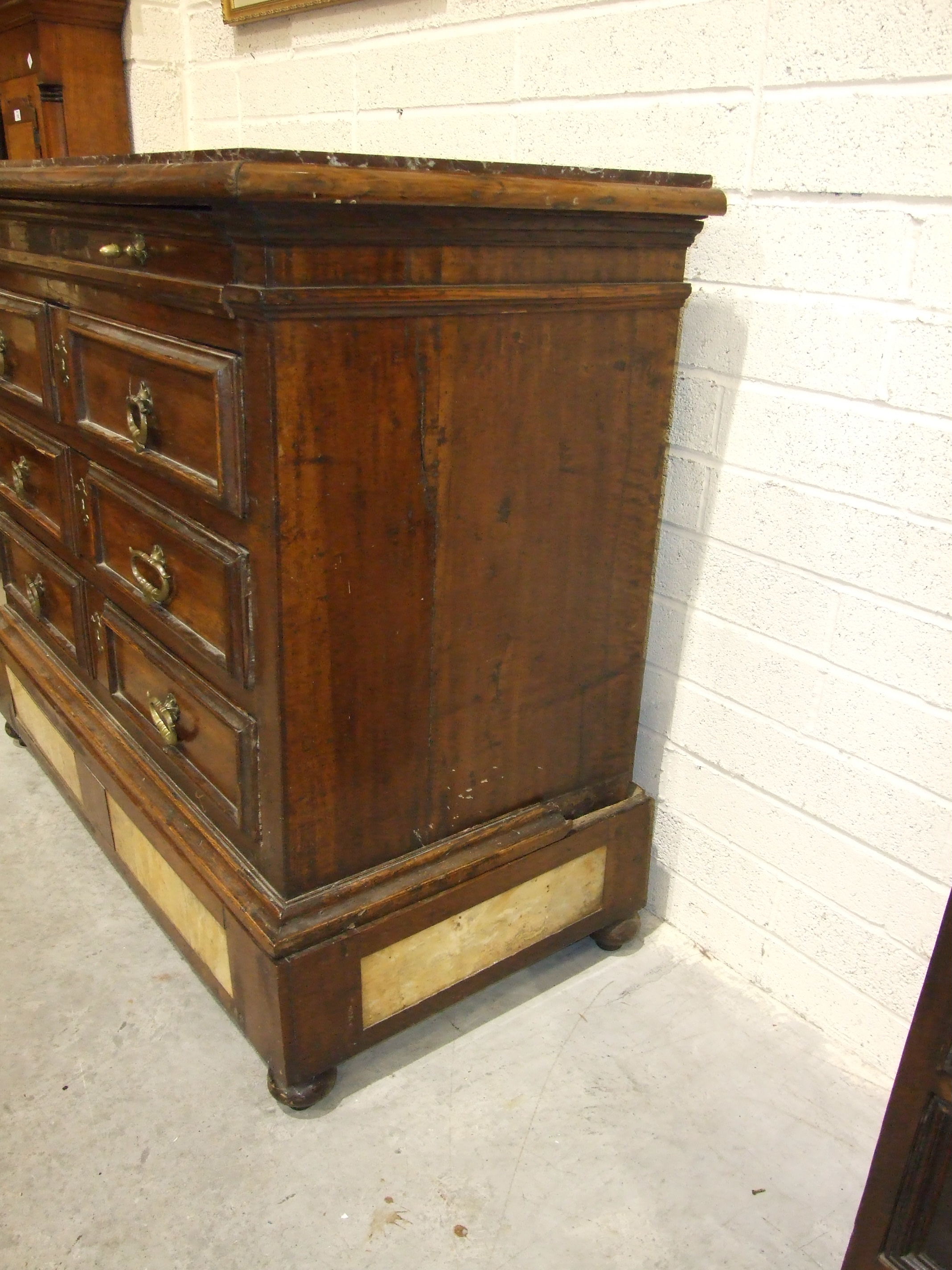 An 18th century Italian chest, the purple marble top (cracked) above a shallow frieze drawer and - Image 7 of 8