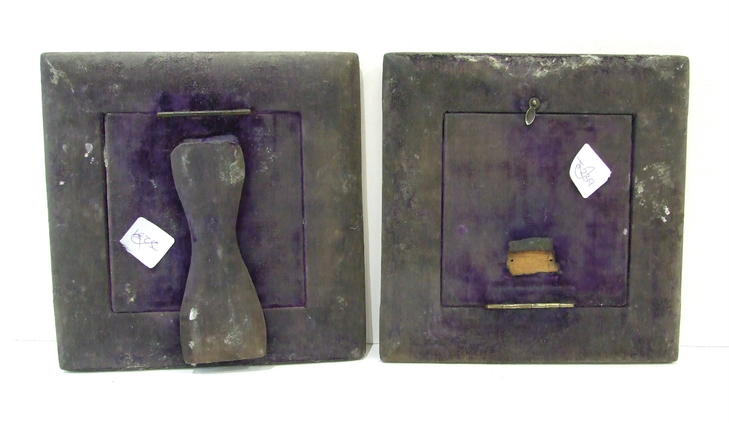 A pair of embossed square photo frames, Birmingham 1902, maker 'SB', 17.5cm square, (strut missing - Image 2 of 2