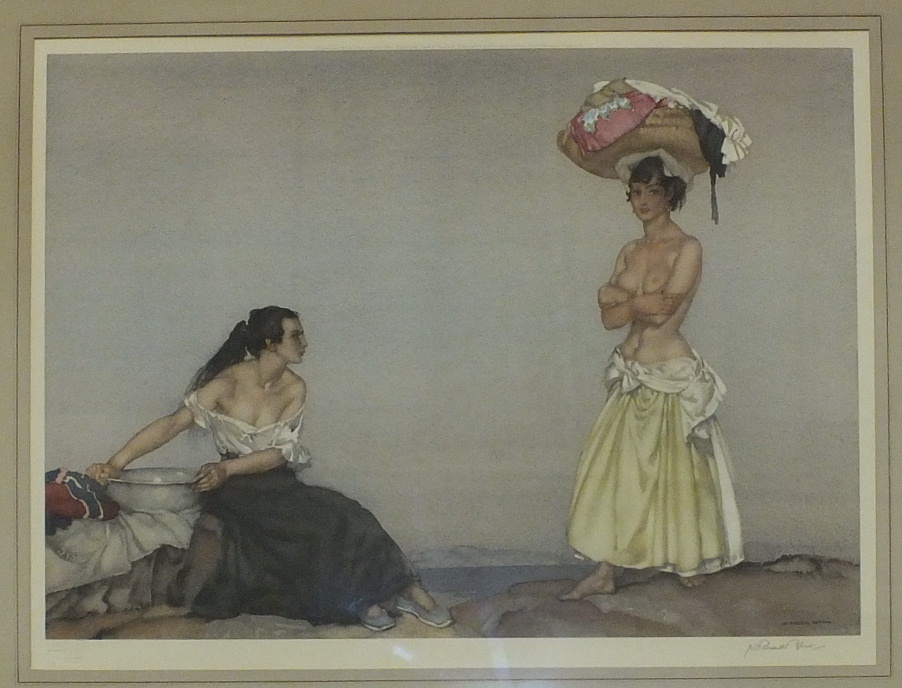 After Sir William Russell Flint RA (1880-1969), 'Rosa and Marisa', a coloured print, signed in