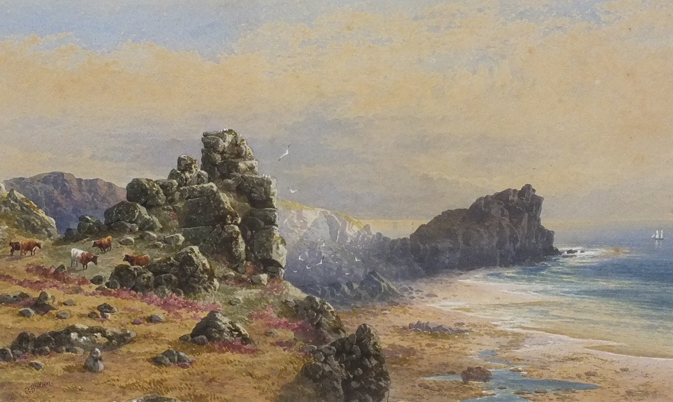 C E Brittan Snr (1837-1888) NORTH CORNWALL Watercolour, signed, 24.5 x 39cm, titled label verso, (