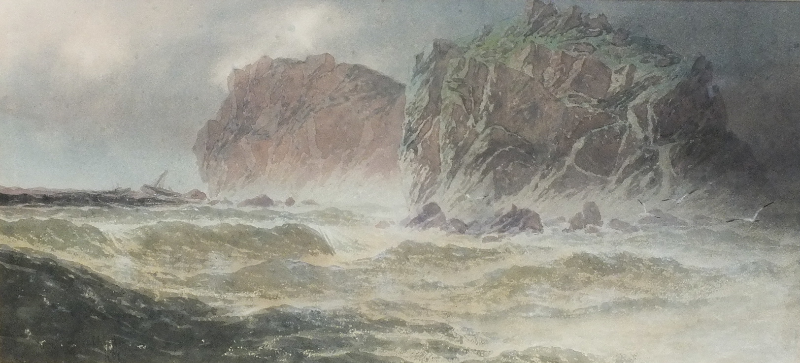 C E BrittanSnr (1837-1888) ROCKY COASTLINE Watercolour, signed, indistinctly-dated, 21 x 44cm.
