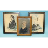 A pair of watercolour miniatures of a lady wearing a dark dress and bonnet and a gentleman in a