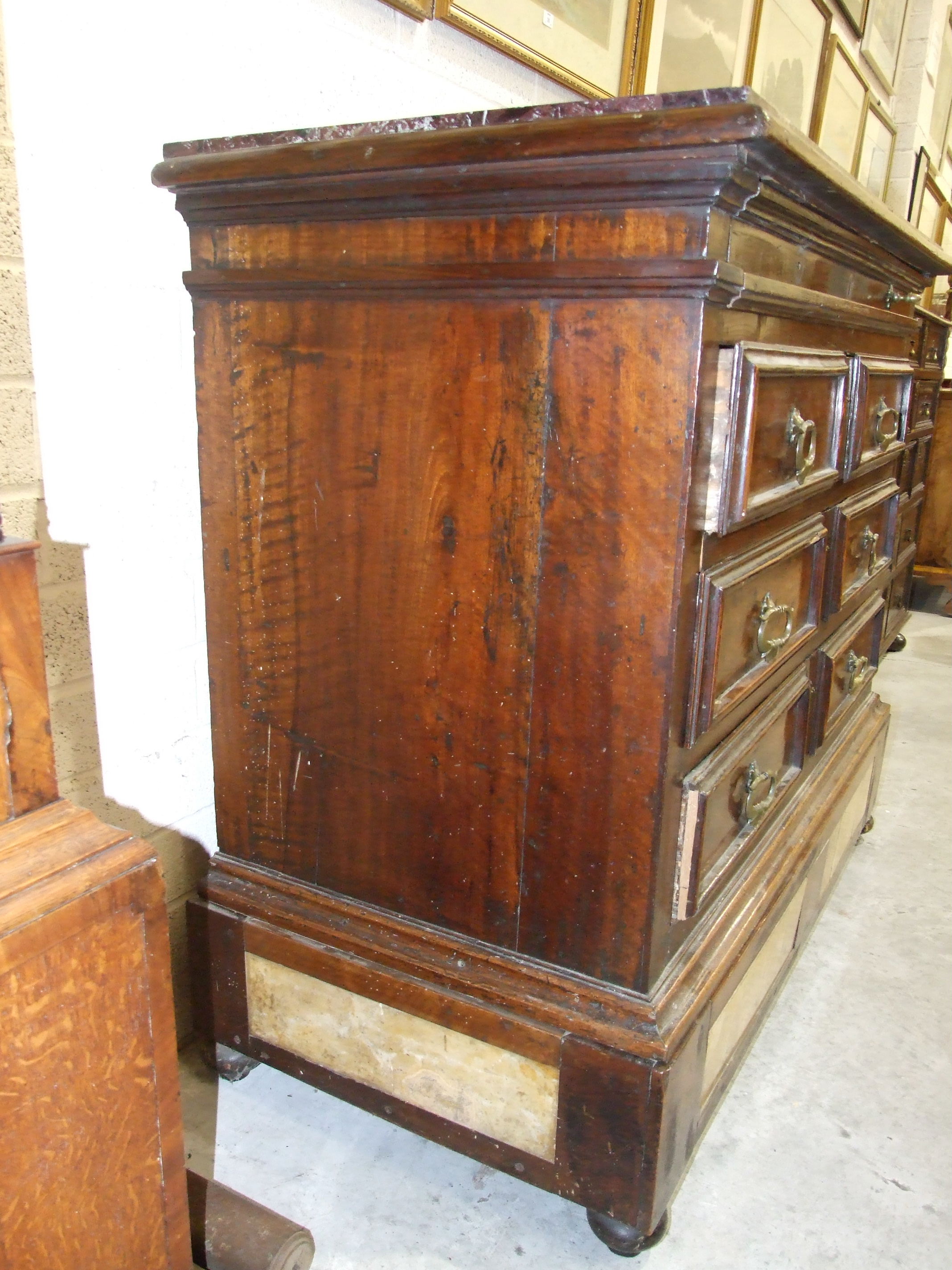 An 18th century Italian chest, the purple marble top (cracked) above a shallow frieze drawer and - Image 8 of 8