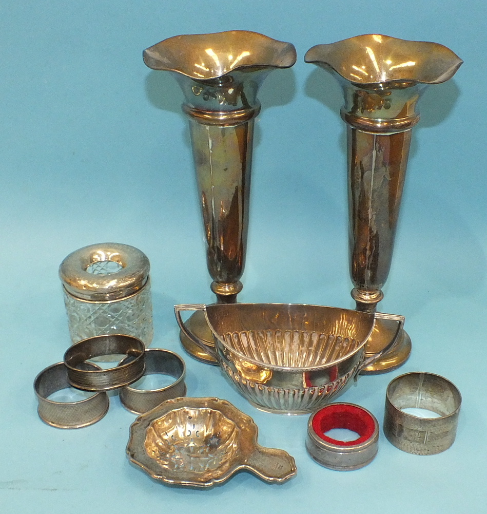 Two loaded-base spill vases, 20cm high, Birmingham 1954, a half-gadrooned bachelor's sugar bowl,
