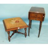 A rosewood drop-leaf work table fitted with drawers, on turned and octagonal legs, 52 x 72cm and a