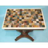 A Victorian amboyna wood and marble specimen table, the rectangular top of chequered design.