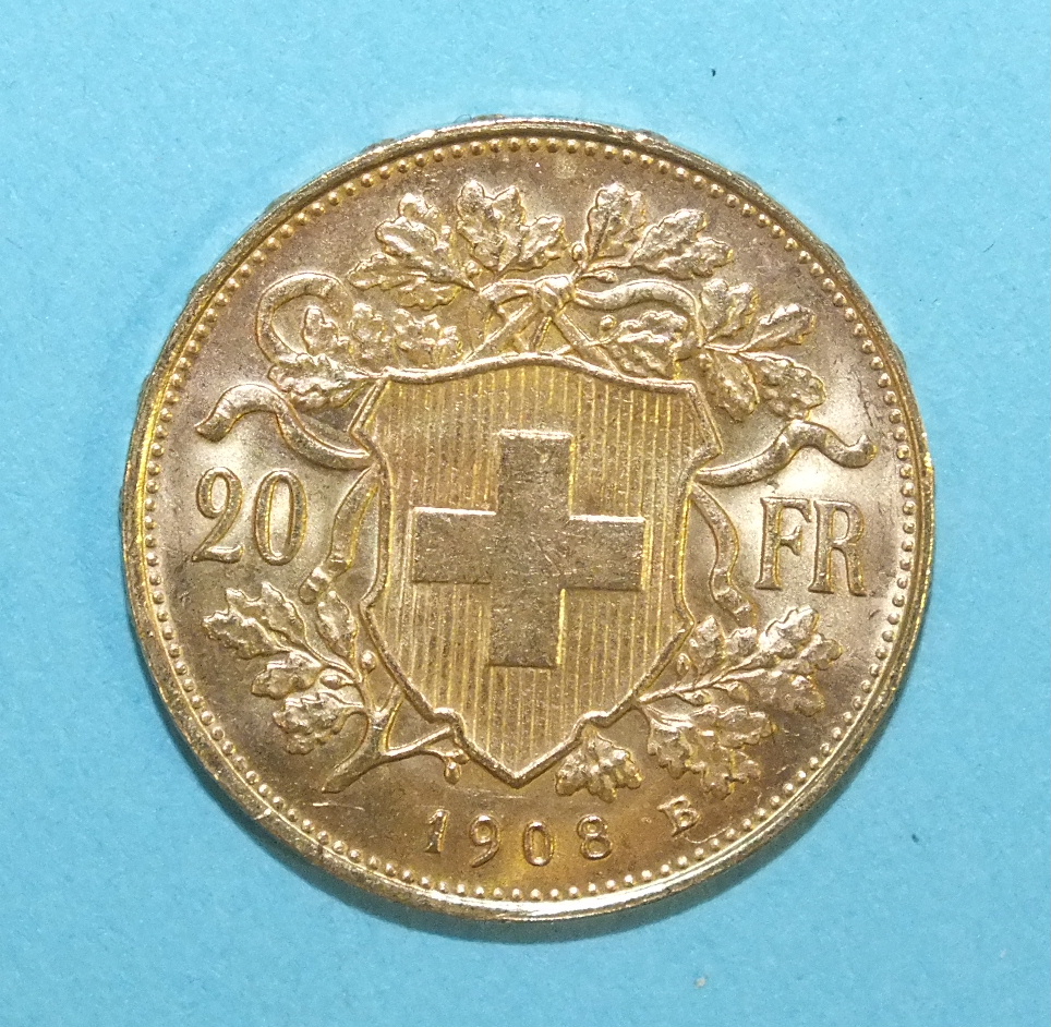 A Swiss Vreneli 20-Franc gold coin, 1908.