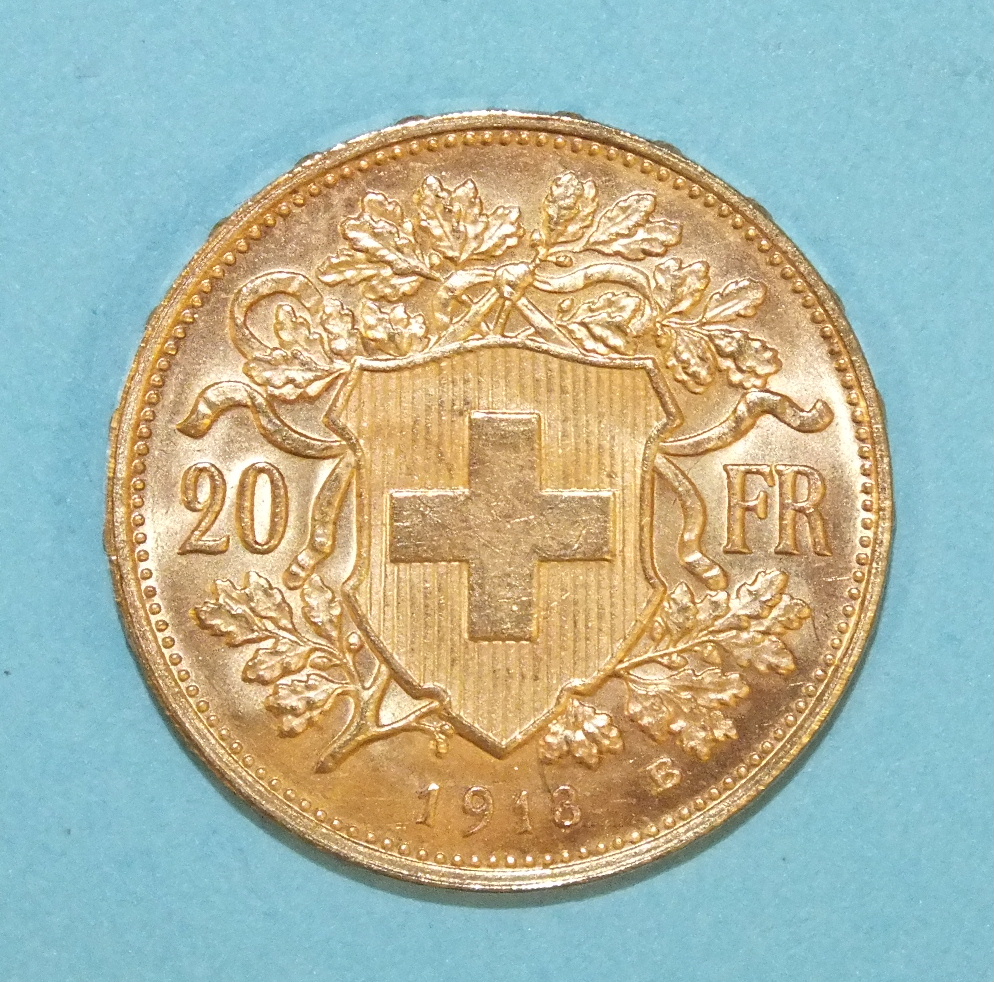 A Swiss Vreneli 20-Franc gold coin, 1913.