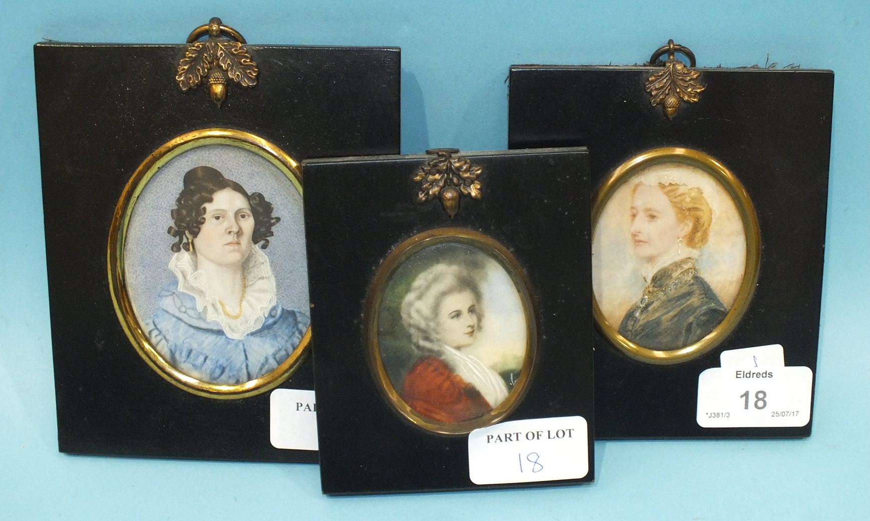 A pair of watercolour miniatures of a lady wearing a dark dress and bonnet and a gentleman in a - Image 2 of 2