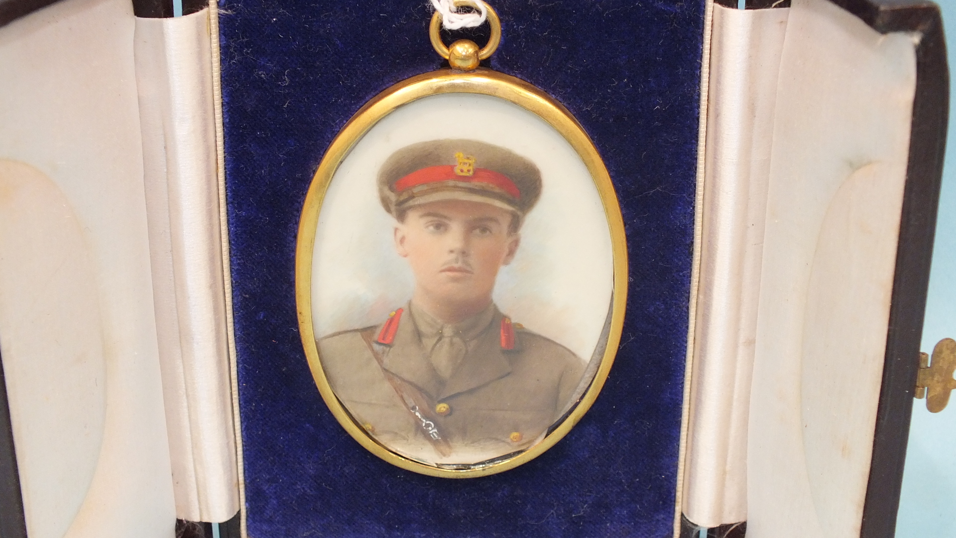 A watercolour study of a WWI Army Officer in military uniform, 7 x 5.5cm, in fitted enclosed case, a