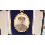 A watercolour study of a WWI Army Officer in military uniform, 7 x 5.5cm, in fitted enclosed case, a