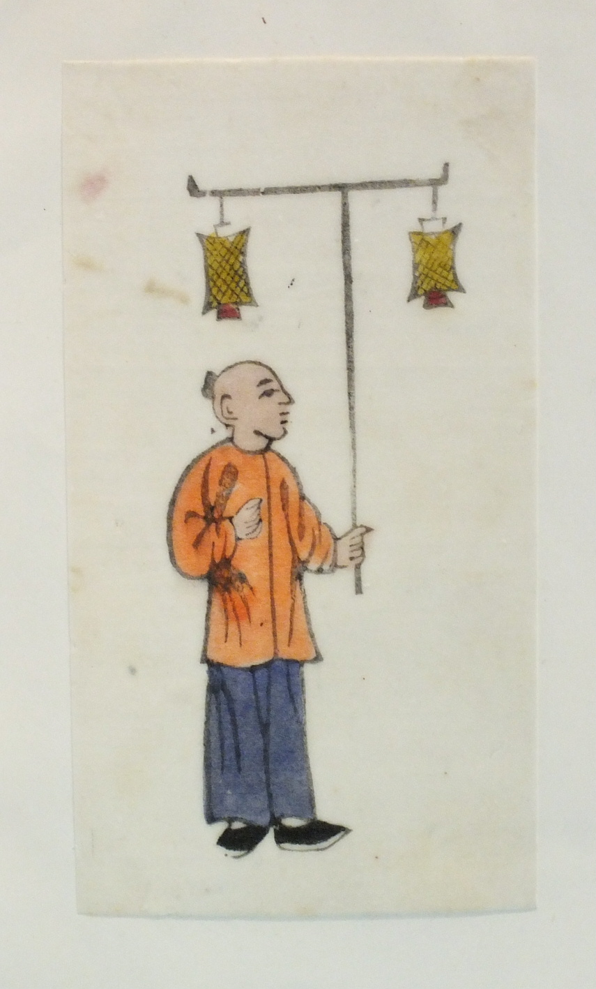 A small book containing eight Chinese watercolours on rice paper, depicting figures carrying various