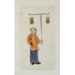 A small book containing eight Chinese watercolours on rice paper, depicting figures carrying various