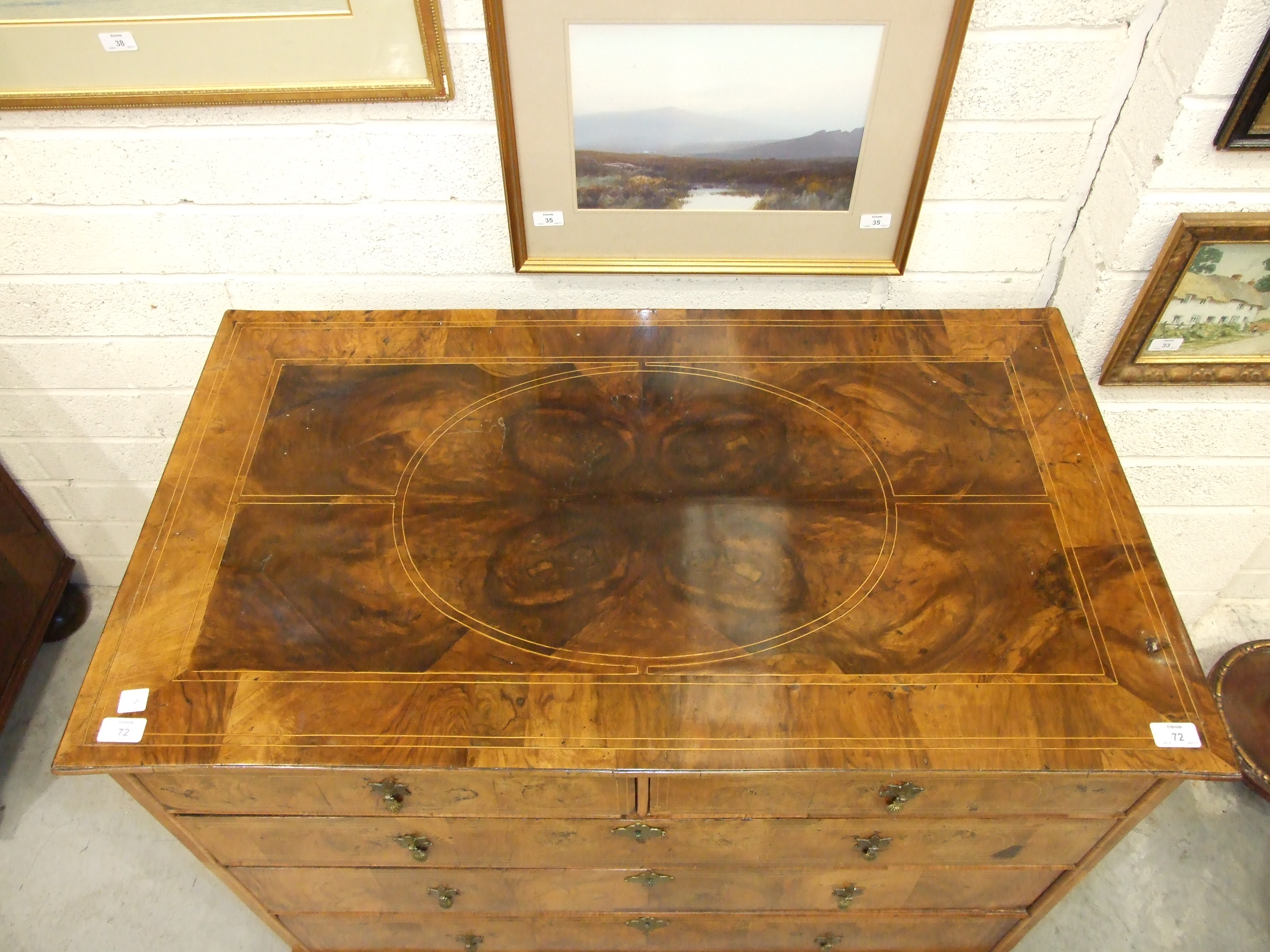 An early-18th century walnut chest, the cross-banded and quarter-veneered top above two short and - Image 5 of 6