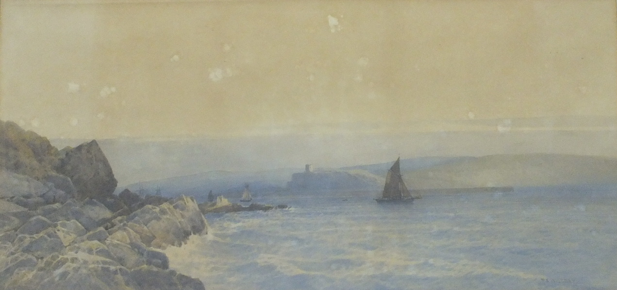 F J Widgery (1861-1942) FISHING BOATS OFF MOUNT BATTEN Watercolour, signed, 35.5 x 73.5cm.