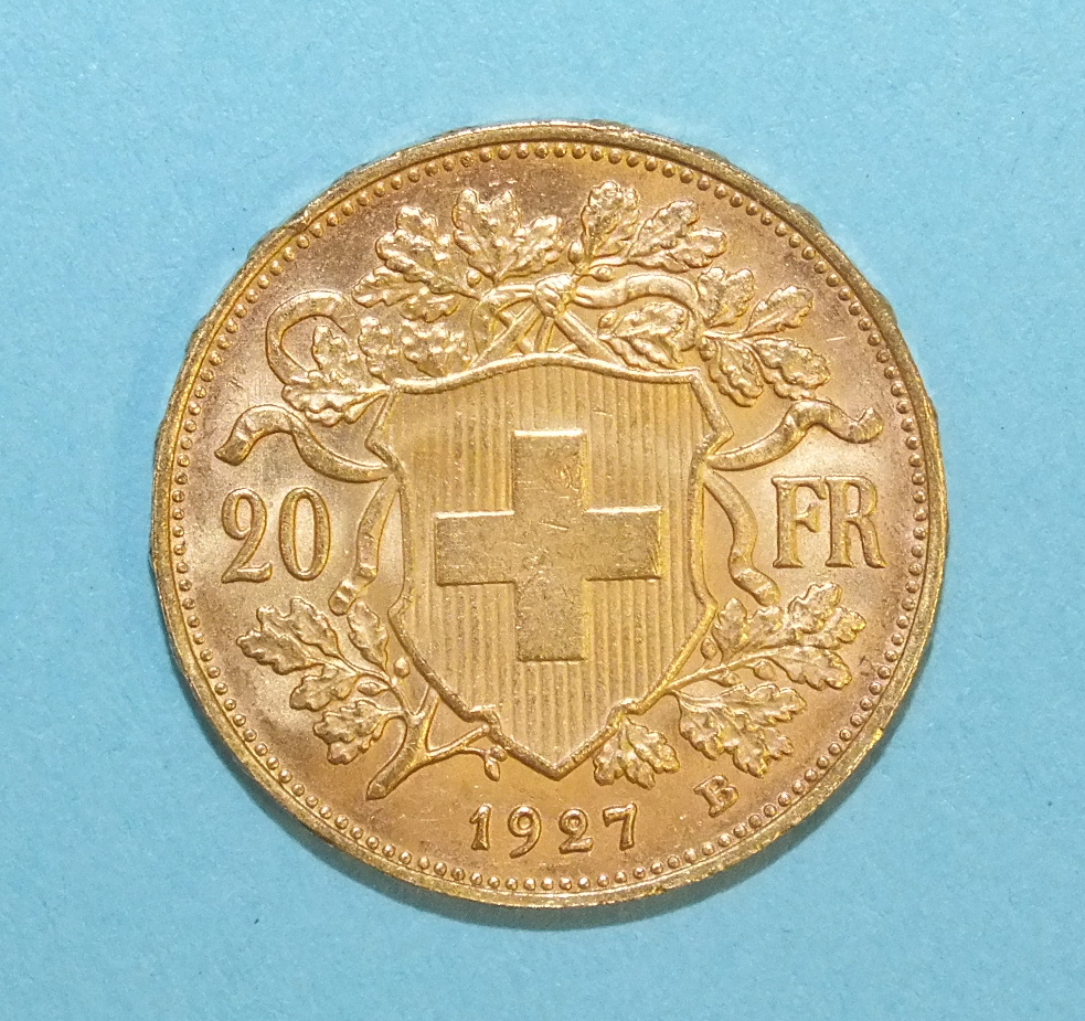 A Swiss Vreneli 20-Franc gold coin, 1927.
