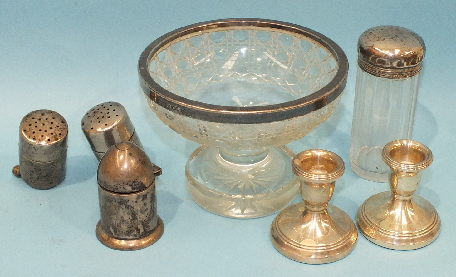 A cut-glass sweetmeat dish with silver-mounted rim, 14cm diameter, a silver-mounted dressing case