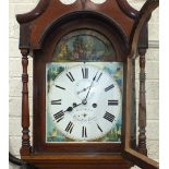 An early-19th century mahogany-banded oak long case clock, the swan-neck pediment above turned