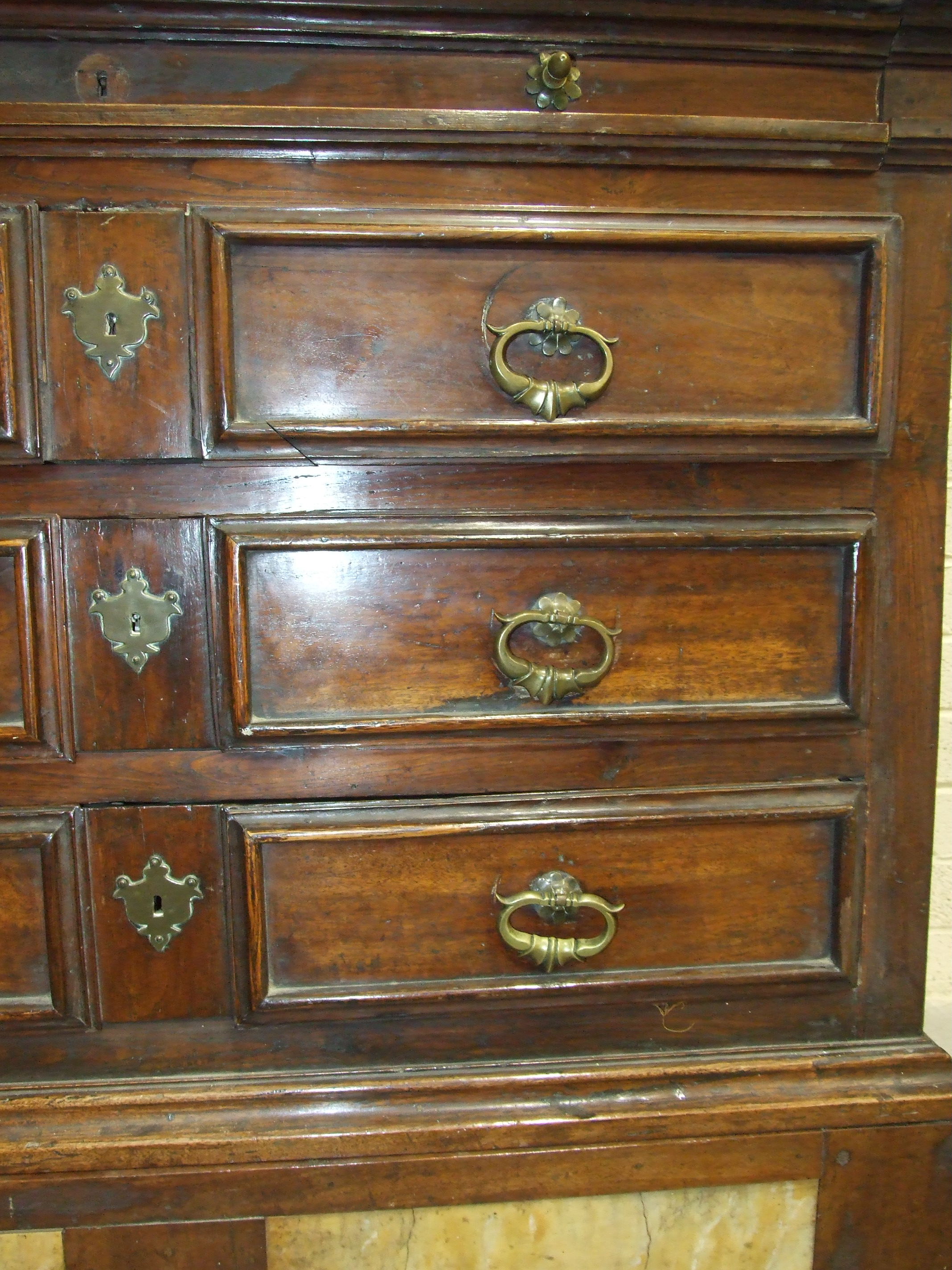 An 18th century Italian chest, the purple marble top (cracked) above a shallow frieze drawer and - Image 4 of 8