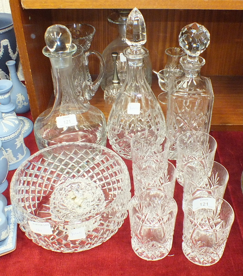 Four various glass decanters and stoppers, six whisky glasses and other cut-glass items.