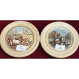 Two Victorian Staffordshire Prattware pot lids Bullfighting and Fish Sellers, 12cm diameter, both in