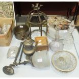Three copper saucepans, a brass hanging lantern (glass lacking) and various glass and metal ware.