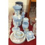 A collection of mainly blue and white Wedgwood jasperware, including a biscuit barrel and cover,