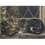 A late 19th/early 20th century oil on canvas, Two Cats Asleep on a Windowsill, unsigned, 44 x
