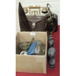 A pair of Swift 7x - 12x 40 binoculars in case, an onyx and brassed reproduction telephone and other