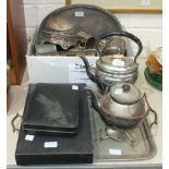 Two plated spirit kettles on stands, two plated trays and other plated-ware.