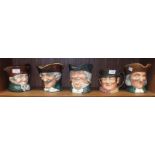 Five Royal Doulton character jugs: Old Charley, Dick Turpin, (af), Parson Brown, Sam Weller and