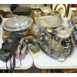 A Victorian plated biscuit barrel, an entrée dish and cover, other plated and metalware.