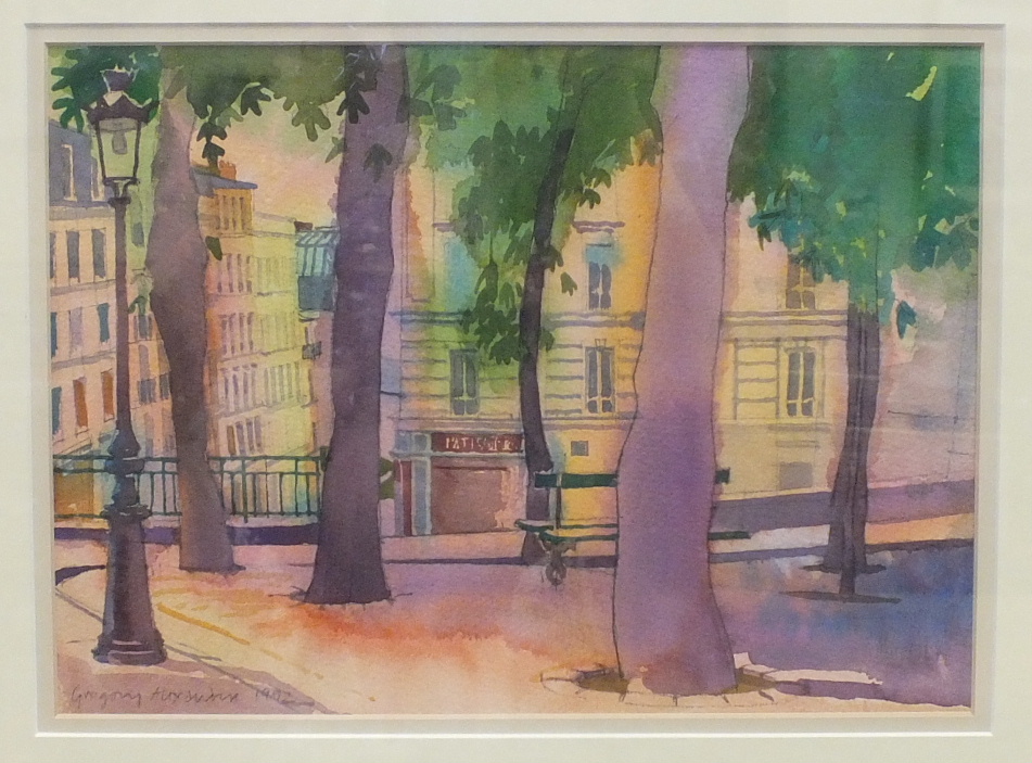 Gregory Alexander, Street Scene with Patisserie, signed pastel, dated 1992, 21.5 x 30cm and three