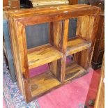 A set of walnut open bookshelves, 100cm wide, 100cm high, 30cm deep.