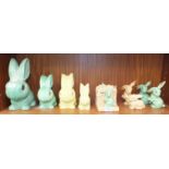 Seven SylvaC rabbit ornaments: no.1028 (green), no.1026 x 2 (green, yellow), no.990 (yellow), no.