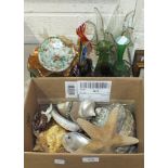 A small collection of sea shells, Murano style glass fish ornaments, other glassware and ceramics.