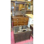 A panelled oak log box, a walnut four drawer chest and a dressing glass.