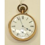 A 14k gold cased open face keyless pocket watch with Roman numerals and seconds subsidiary, 4.8cm
