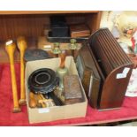 A stained wood stationery rack 31.5cm wide, 23.5cm high, a small carved camphor wood box, 15cm wide.