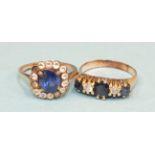 A sapphire and white stone cluster ring, size L, 2.6g and a five-stone sapphire and white stone