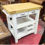 A painted wood kitchen island with hardwood block top, 92cm wide.