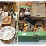 A leather dressing case cover, a turned wood table lamp, boxes, various jigsaw puzzles, mainly