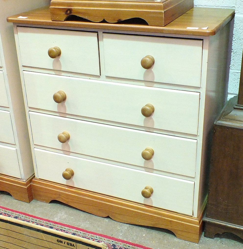 A partially painted pine chest of five drawers, 86cm wide.