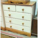 A partially painted pine chest of five drawers, 86cm wide.