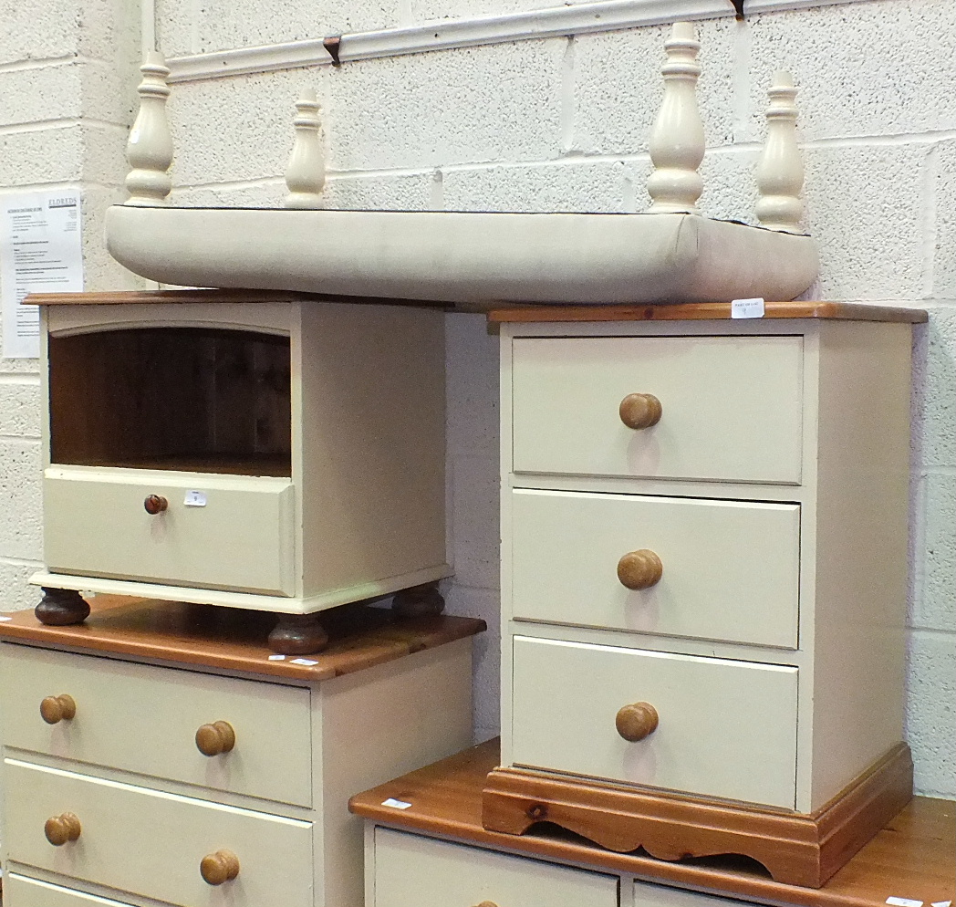 Two painted pine bedside cupboards and an upholstered stool, (3).