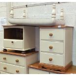 Two painted pine bedside cupboards and an upholstered stool, (3).