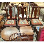 A stained wood music stool, 57cm wide, six Queen Anne style dining chairs and other items.