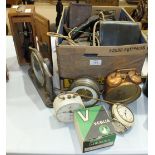 Various vintage cameras, mantel clocks and miscellanea.